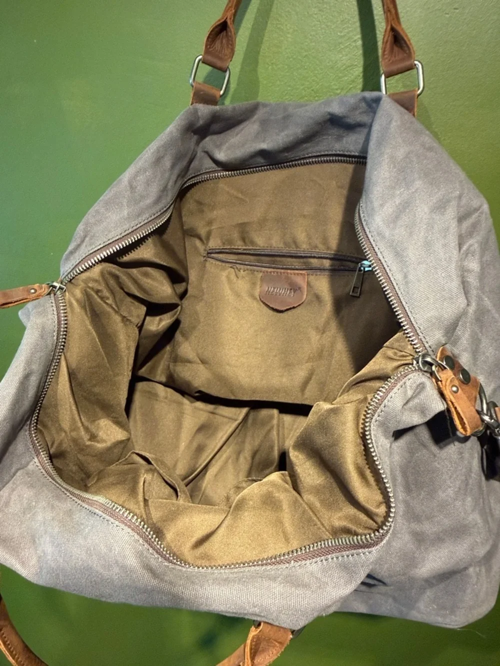 Canvas Duffel Bag with Brown Leather Trim - Gray